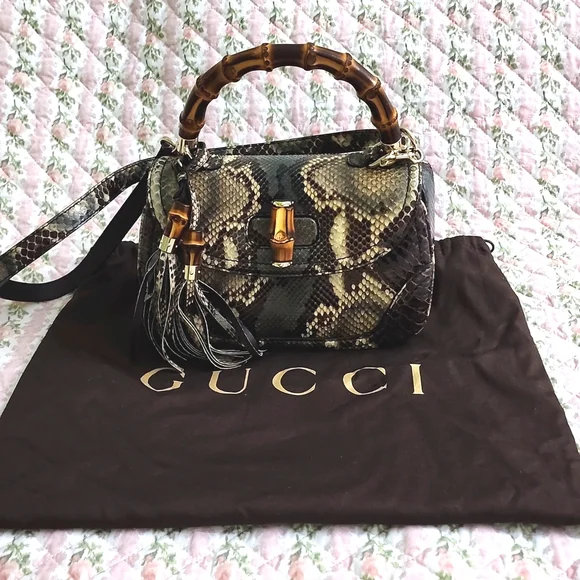 NWT Limited edition Gucci Python bamboo top handle bag exotic snakeskin strap - Picture 6 of 17